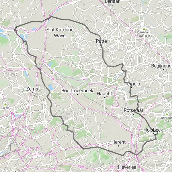 Miniature de la carte de l'inspiration cycliste "Tour de la Tour Saint-Rombaut" dans la Prov. Antwerpen, Belgium. Générée par le planificateur d'itinéraire cycliste Tarmacs.app