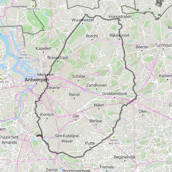 Karten-Miniaturansicht der Radinspiration "Rundfahrt durch Antwerpen und Umgebung" in Prov. Antwerpen, Belgium. Erstellt vom Tarmacs.app-Routenplaner für Radtouren