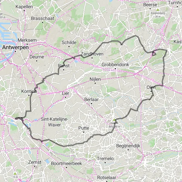 Miniature de la carte de l'inspiration cycliste "Parcours cyclable de Terhagen à Heistse Berg et Sint-Romboutstoren" dans la Prov. Antwerpen, Belgium. Générée par le planificateur d'itinéraire cycliste Tarmacs.app