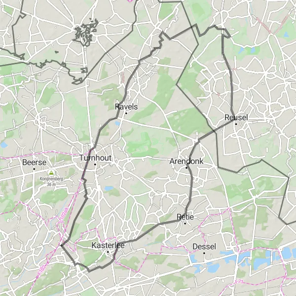 Miniature de la carte de l'inspiration cycliste "La Route des Ravels" dans la Prov. Antwerpen, Belgium. Générée par le planificateur d'itinéraire cycliste Tarmacs.app