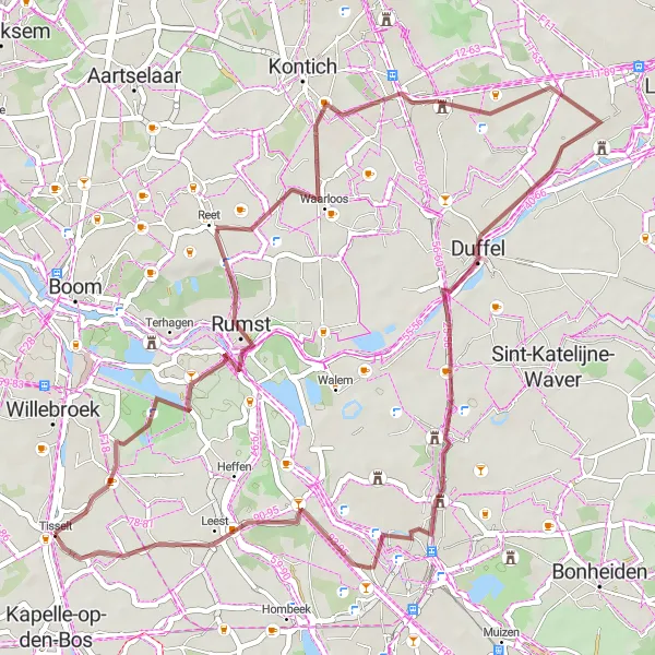 Miniature de la carte de l'inspiration cycliste "Boucle Gravel à travers Watertoren et Sint-Romboutstoren" dans la Prov. Antwerpen, Belgium. Générée par le planificateur d'itinéraire cycliste Tarmacs.app