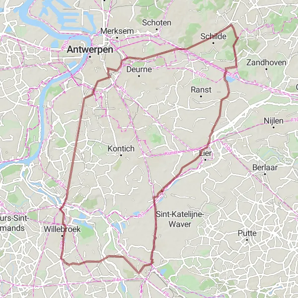 Miniatuurkaart van de fietsinspiratie "Gravelroute Tisselt - Mechelen - Sint-Romboutstoren" in Prov. Antwerpen, Belgium. Gemaakt door de Tarmacs.app fietsrouteplanner
