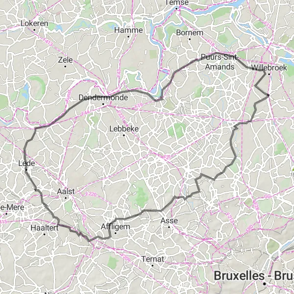 Map miniature of "Tisselt - Imde - Teralfene - Lede - Appels - Puurs" cycling inspiration in Prov. Antwerpen, Belgium. Generated by Tarmacs.app cycling route planner
