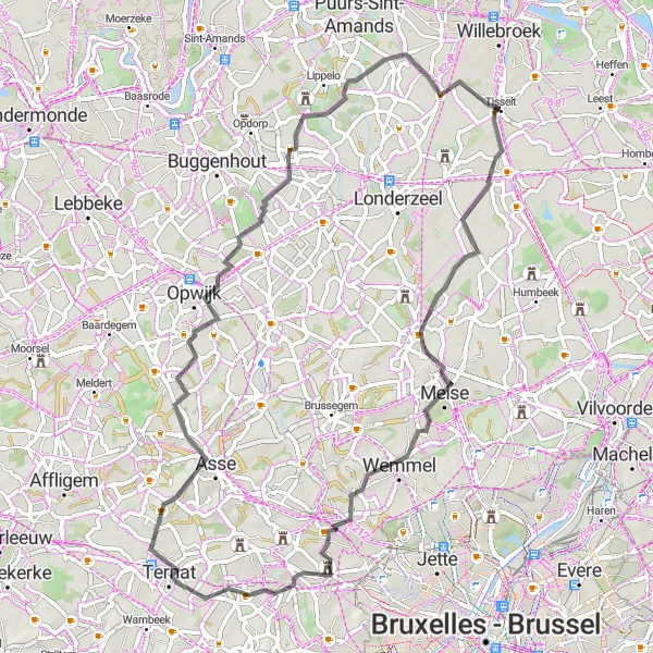 Miniature de la carte de l'inspiration cycliste "Parcours à vélo de route autour de Tisselt" dans la Prov. Antwerpen, Belgium. Générée par le planificateur d'itinéraire cycliste Tarmacs.app