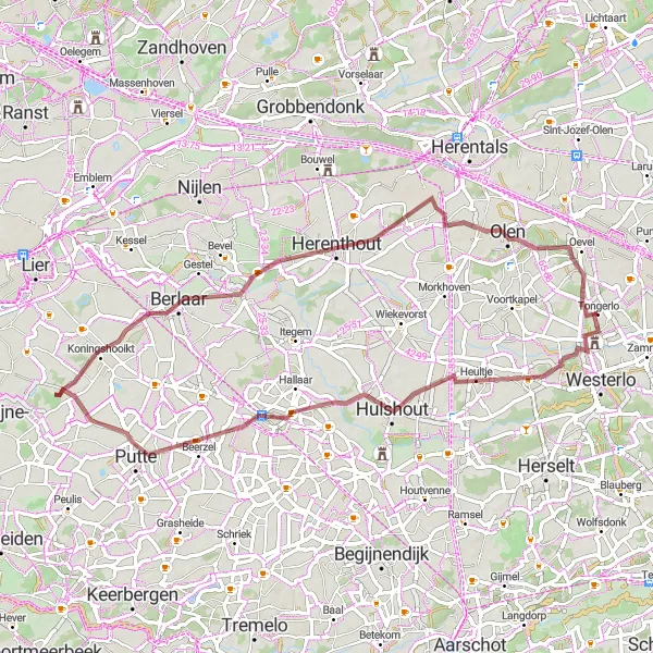 Miniature de la carte de l'inspiration cycliste "Parcours de Gravel Zoerle-Parwijs" dans la Prov. Antwerpen, Belgium. Générée par le planificateur d'itinéraire cycliste Tarmacs.app