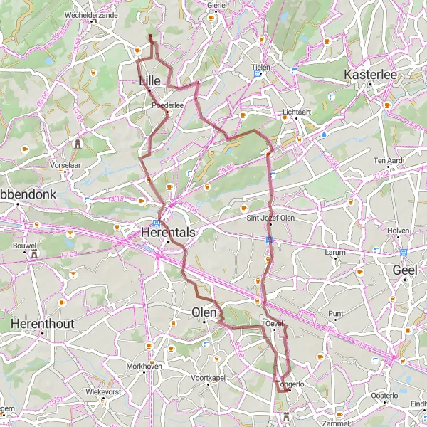 Map miniature of "Tongerlo - Herentals - Poederlee - Sint-Jozef-Olen - Oevel" cycling inspiration in Prov. Antwerpen, Belgium. Generated by Tarmacs.app cycling route planner