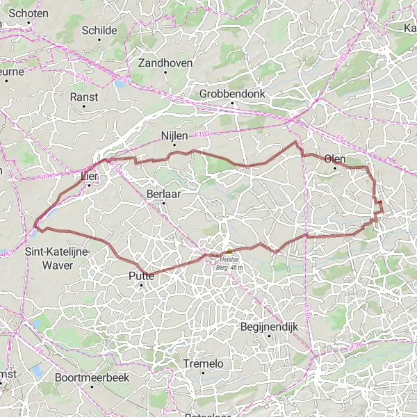 Miniature de la carte de l'inspiration cycliste "Boucle des Collines" dans la Prov. Antwerpen, Belgium. Générée par le planificateur d'itinéraire cycliste Tarmacs.app