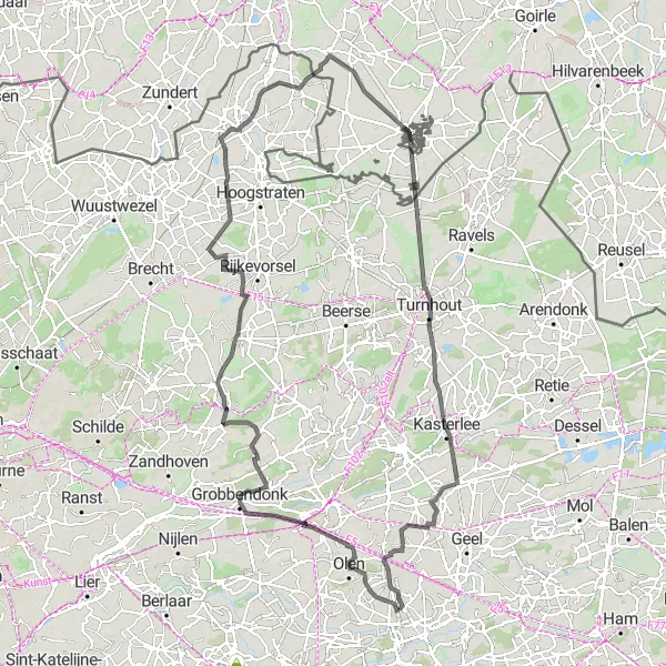 Map miniature of "Tongerlo - Olen - Grobbendonk - Oostmalle - Meer - Chaamdijk - Turnhout - Ten Aard - Tongerlo" cycling inspiration in Prov. Antwerpen, Belgium. Generated by Tarmacs.app cycling route planner