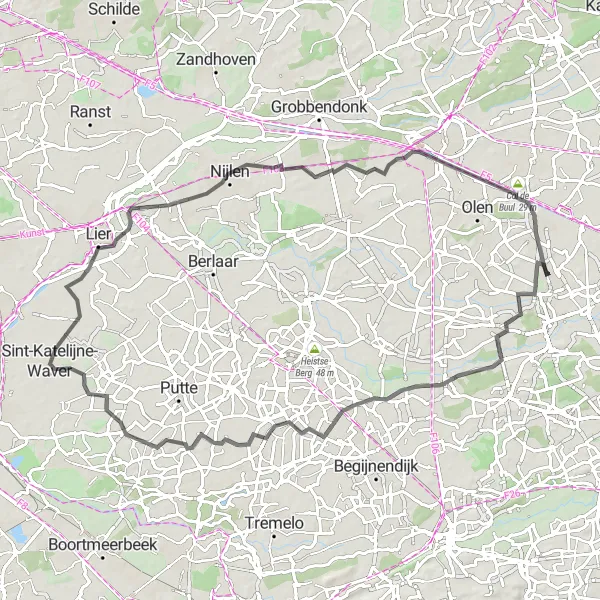 Miniature de la carte de l'inspiration cycliste "Route des Villages Flamands" dans la Prov. Antwerpen, Belgium. Générée par le planificateur d'itinéraire cycliste Tarmacs.app