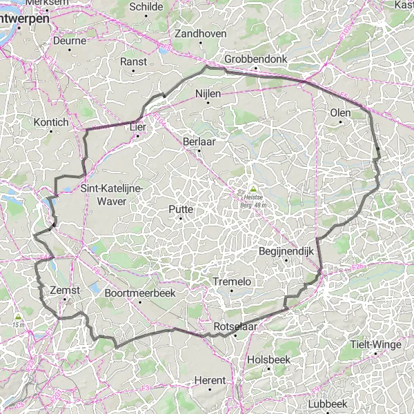 Map miniature of "Tongerlo - Herselt - Kasteel van Rivieren - Middelberg - Elewijt - Emblem - Col de Buul - Oevel" cycling inspiration in Prov. Antwerpen, Belgium. Generated by Tarmacs.app cycling route planner