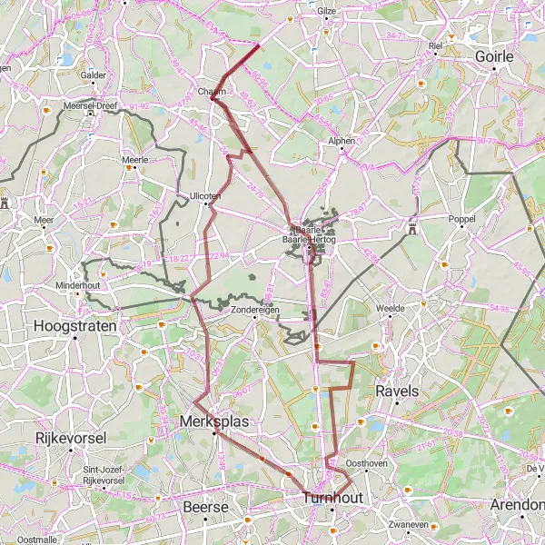 Map miniature of "Merksplas to Turnhout Gravel Cycling Route" cycling inspiration in Prov. Antwerpen, Belgium. Generated by Tarmacs.app cycling route planner