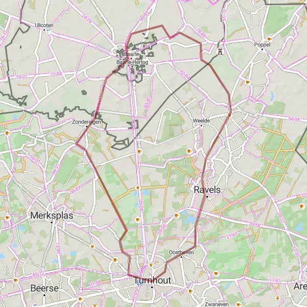 Miniature de la carte de l'inspiration cycliste "Circuit de Zondereigen et Baarle" dans la Prov. Antwerpen, Belgium. Générée par le planificateur d'itinéraire cycliste Tarmacs.app
