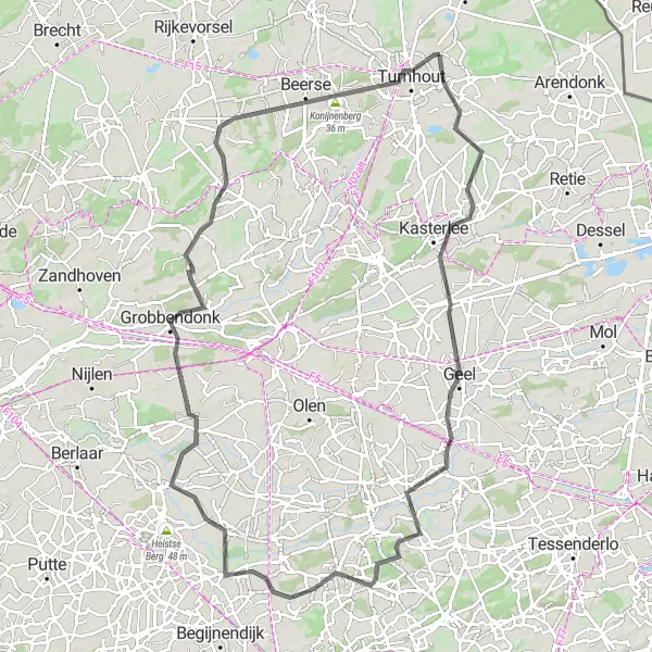 Map miniature of "Oud-Turnhout to Turnhout Road Cycling Route" cycling inspiration in Prov. Antwerpen, Belgium. Generated by Tarmacs.app cycling route planner