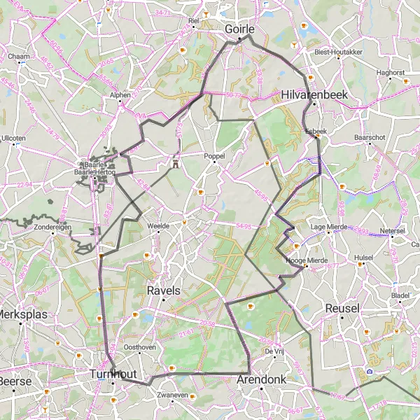 Karten-Miniaturansicht der Radinspiration "Rundkurs von Turnhout nach Weelde Statie und zurück" in Prov. Antwerpen, Belgium. Erstellt vom Tarmacs.app-Routenplaner für Radtouren