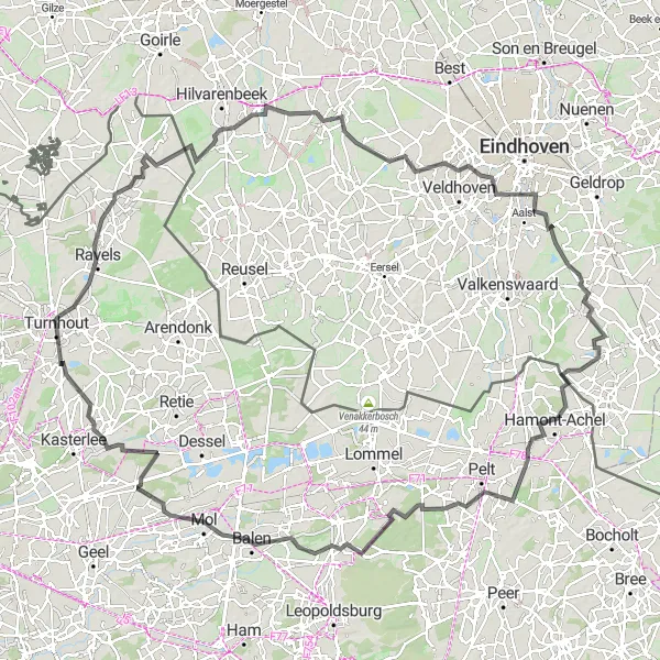 Miniature de la carte de l'inspiration cycliste "Le Tour des Campagnes" dans la Prov. Antwerpen, Belgium. Générée par le planificateur d'itinéraire cycliste Tarmacs.app