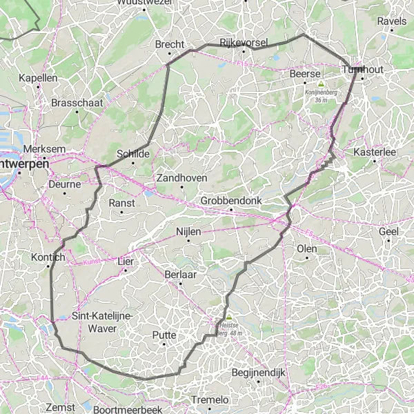 Map miniature of "The Ultimate Turnhout Road Cycling Adventure" cycling inspiration in Prov. Antwerpen, Belgium. Generated by Tarmacs.app cycling route planner