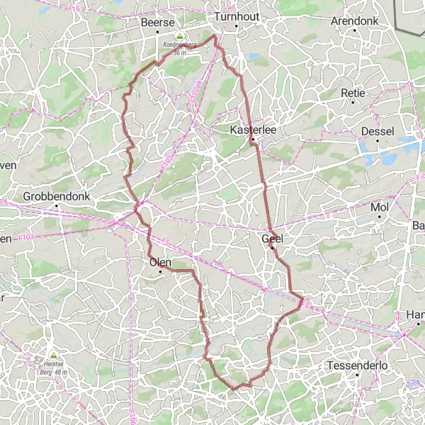 Karten-Miniaturansicht der Radinspiration "Gravel-Abenteuer rund um Veerle" in Prov. Antwerpen, Belgium. Erstellt vom Tarmacs.app-Routenplaner für Radtouren