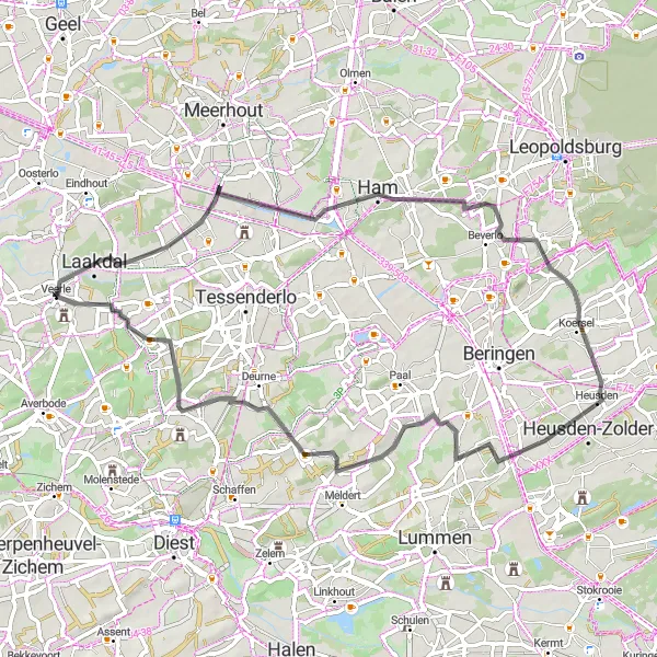 Map miniature of "Veerle - Venusberg Loop" cycling inspiration in Prov. Antwerpen, Belgium. Generated by Tarmacs.app cycling route planner