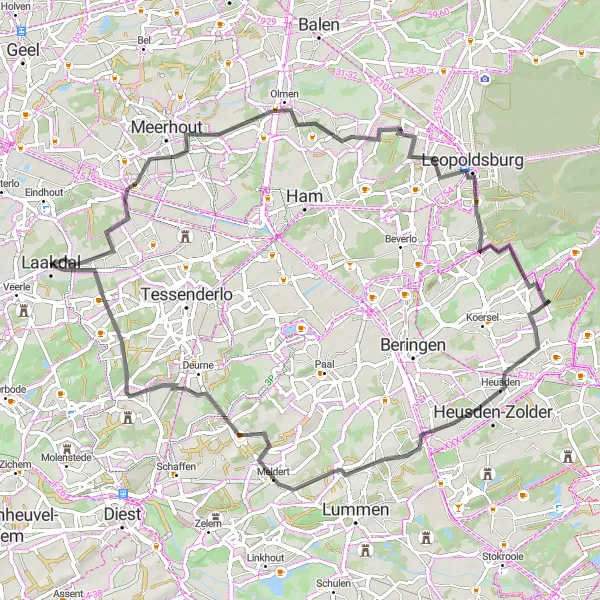 Karten-Miniaturansicht der Radinspiration "Sehenswürdigkeiten entlang der Straße in der Nähe von Veerle" in Prov. Antwerpen, Belgium. Erstellt vom Tarmacs.app-Routenplaner für Radtouren