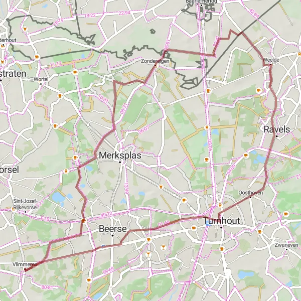 Miniatuurkaart van de fietsinspiratie "Gravelroute Den Hout-Zondereigen-Oosthoven-Vosselaar-Konijnenberg" in Prov. Antwerpen, Belgium. Gemaakt door de Tarmacs.app fietsrouteplanner