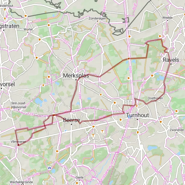 Karten-Miniaturansicht der Radinspiration "Vlimmeren - Merksplas - Oosthoven - Konijnenberg - Beerse" in Prov. Antwerpen, Belgium. Erstellt vom Tarmacs.app-Routenplaner für Radtouren