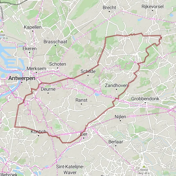 Miniature de la carte de l'inspiration cycliste "Les Chemins de Terre de la Campine" dans la Prov. Antwerpen, Belgium. Générée par le planificateur d'itinéraire cycliste Tarmacs.app