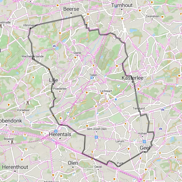 Karten-Miniaturansicht der Radinspiration "Kurze Rundfahrt um Vlimmeren - 64 km" in Prov. Antwerpen, Belgium. Erstellt vom Tarmacs.app-Routenplaner für Radtouren