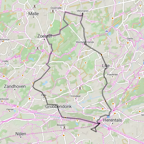 Map miniature of "Wechelderzande Scenic Road" cycling inspiration in Prov. Antwerpen, Belgium. Generated by Tarmacs.app cycling route planner