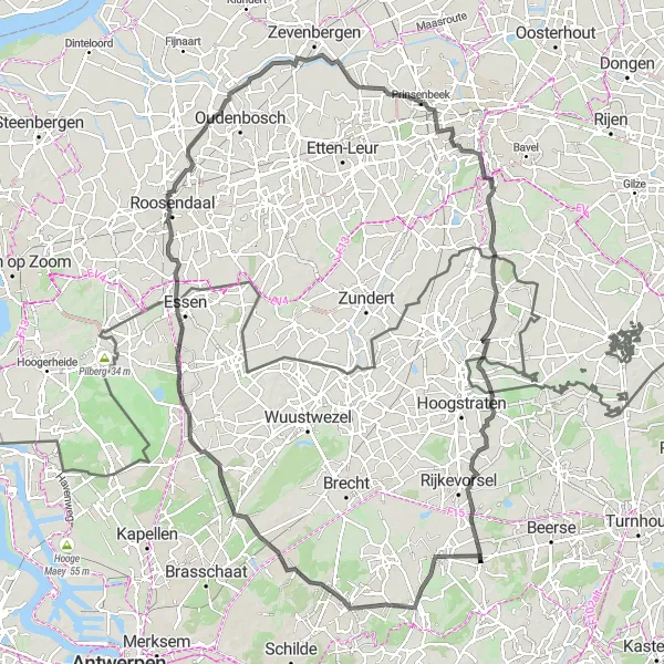 Miniatuurkaart van de fietsinspiratie "120 km Route vanuit Vlimmeren: Oostmalle naar Sint-Jozef-Rijkevorsel" in Prov. Antwerpen, Belgium. Gemaakt door de Tarmacs.app fietsrouteplanner