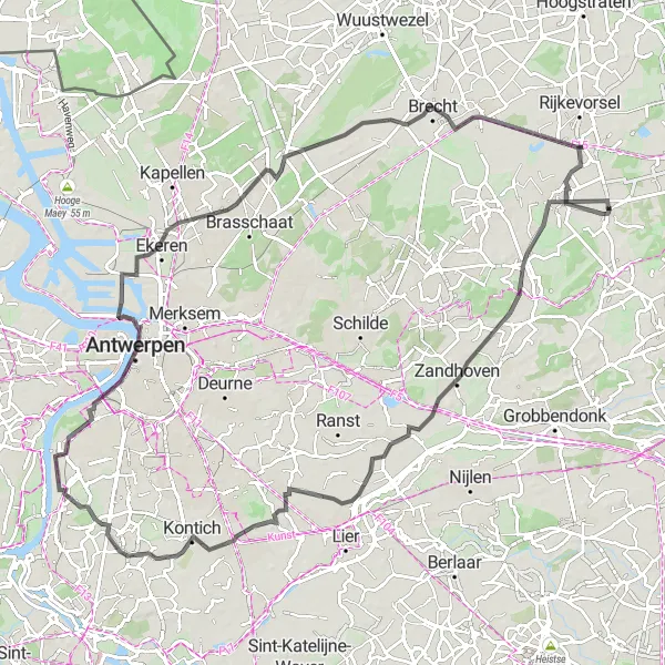 Map miniature of "Antwerp Skyline Ride" cycling inspiration in Prov. Antwerpen, Belgium. Generated by Tarmacs.app cycling route planner