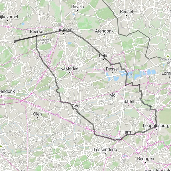 Miniatuurkaart van de fietsinspiratie "Fietsroute rond Vlimmeren via Leopoldsburg" in Prov. Antwerpen, Belgium. Gemaakt door de Tarmacs.app fietsrouteplanner