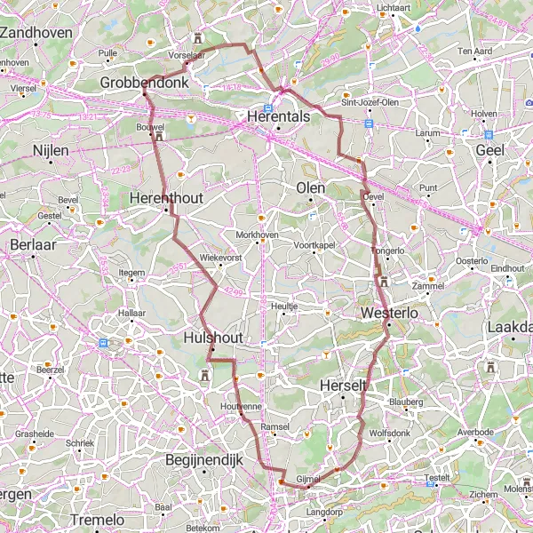 Map miniature of "Gravel Adventure through Westerlo and Hulshout" cycling inspiration in Prov. Antwerpen, Belgium. Generated by Tarmacs.app cycling route planner