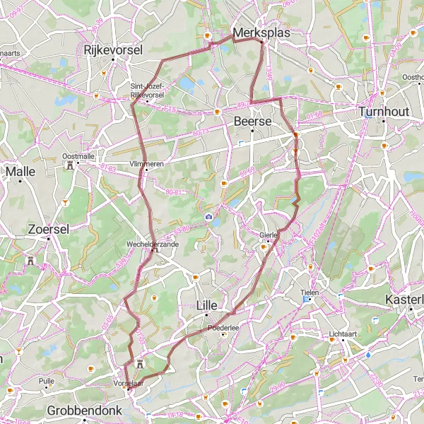 Map miniature of "Vorselaar Gravel Route" cycling inspiration in Prov. Antwerpen, Belgium. Generated by Tarmacs.app cycling route planner