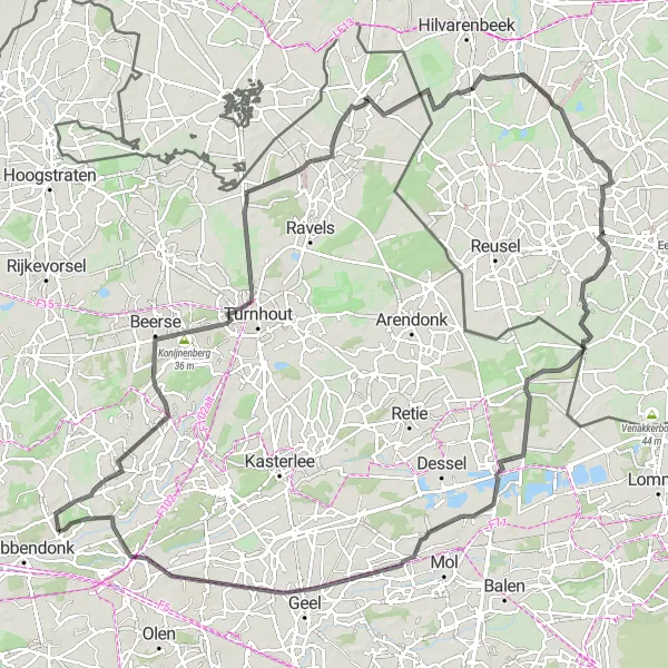 Map miniature of "Historical Road Ride through Vosselaar and Beyond" cycling inspiration in Prov. Antwerpen, Belgium. Generated by Tarmacs.app cycling route planner