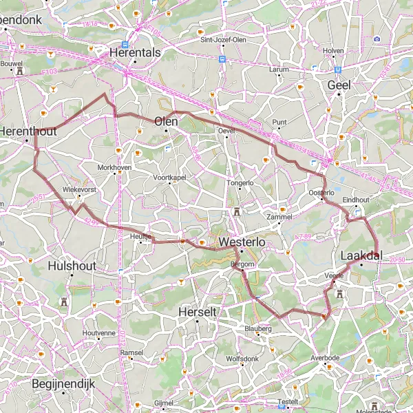 Karten-Miniaturansicht der Radinspiration "Gravelroute durch Herenthout und Oosterlo" in Prov. Antwerpen, Belgium. Erstellt vom Tarmacs.app-Routenplaner für Radtouren