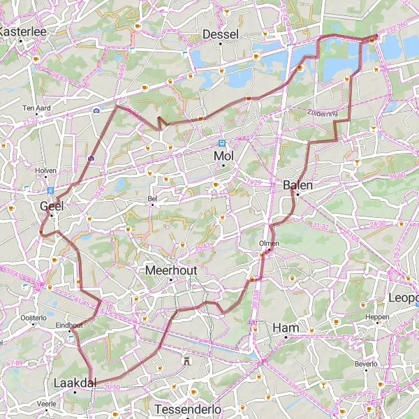 Karten-Miniaturansicht der Radinspiration "Rundweg um Vorst über Winkelomheide und Olmen" in Prov. Antwerpen, Belgium. Erstellt vom Tarmacs.app-Routenplaner für Radtouren