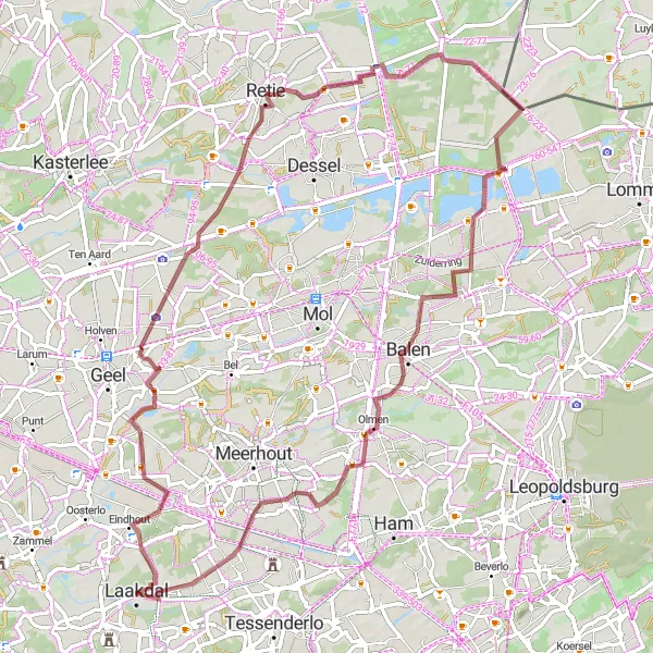 Miniature de la carte de l'inspiration cycliste "Exploration de la Nature autour de Retie" dans la Prov. Antwerpen, Belgium. Générée par le planificateur d'itinéraire cycliste Tarmacs.app