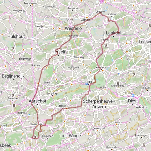 Map miniature of "Hidden Gems and Natural Wonders" cycling inspiration in Prov. Antwerpen, Belgium. Generated by Tarmacs.app cycling route planner