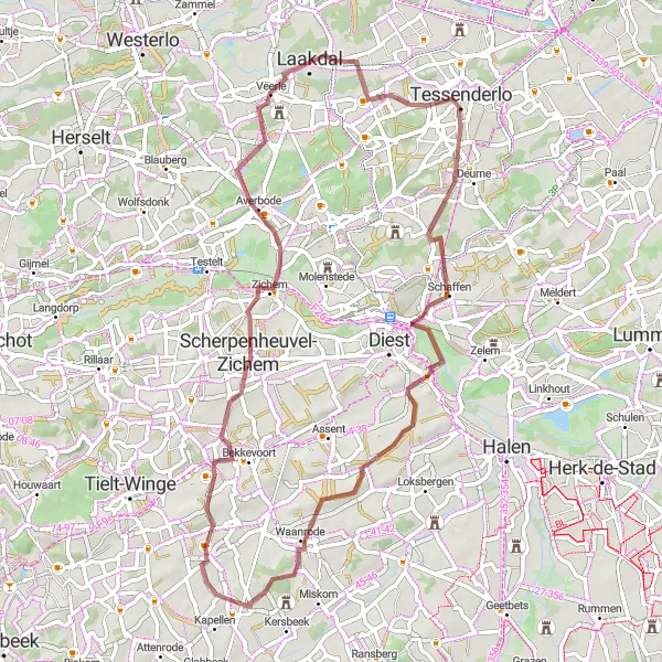 Miniatuurkaart van de fietsinspiratie "Gravelroute door Schaffen, Webbekom, Molenbeek-Wersbeek en Veerle" in Prov. Antwerpen, Belgium. Gemaakt door de Tarmacs.app fietsrouteplanner