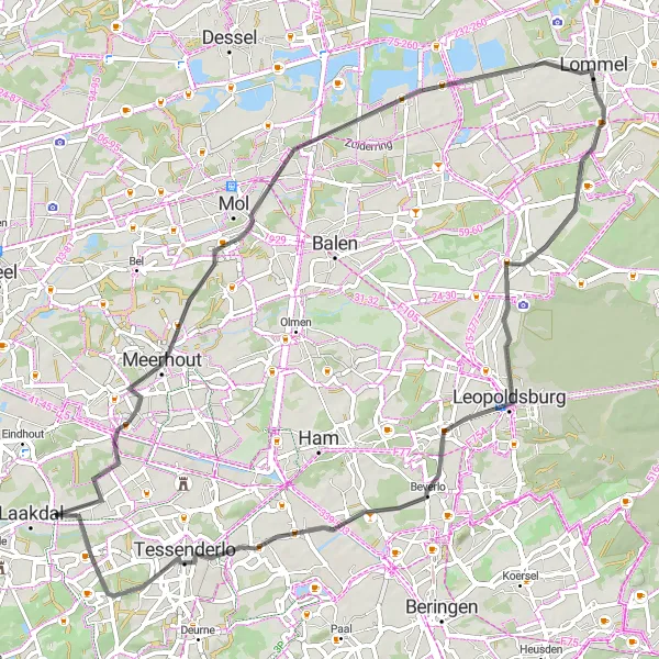 Miniature de la carte de l'inspiration cycliste "Les collines et les lacs de Meerhout à Lommel" dans la Prov. Antwerpen, Belgium. Générée par le planificateur d'itinéraire cycliste Tarmacs.app