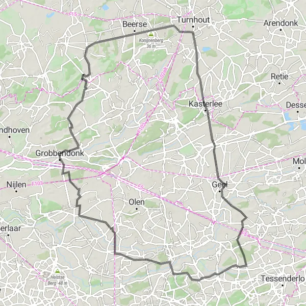 Map miniature of "Scenic Route to Kasterlee" cycling inspiration in Prov. Antwerpen, Belgium. Generated by Tarmacs.app cycling route planner