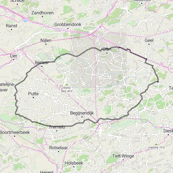 Map miniature of "From Hills to Historic Landmarks" cycling inspiration in Prov. Antwerpen, Belgium. Generated by Tarmacs.app cycling route planner