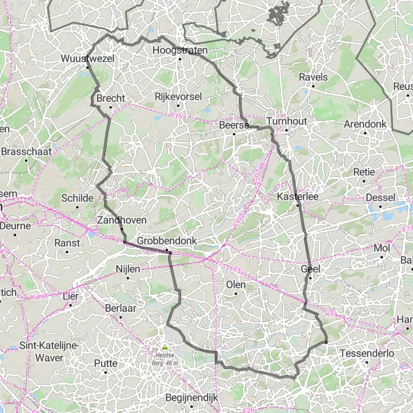 Map miniature of "Countryside Expedition from Vorst to Merksplas" cycling inspiration in Prov. Antwerpen, Belgium. Generated by Tarmacs.app cycling route planner