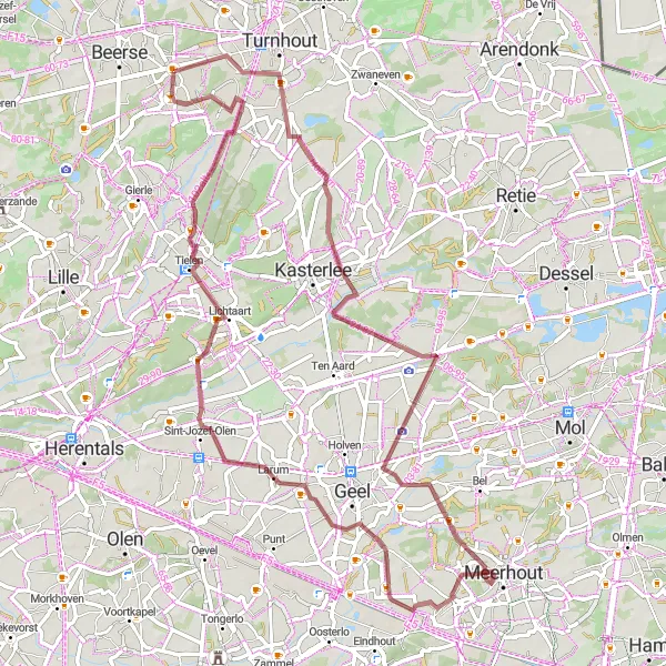 Map miniature of "Gravel to Larum and Lichtaart" cycling inspiration in Prov. Antwerpen, Belgium. Generated by Tarmacs.app cycling route planner