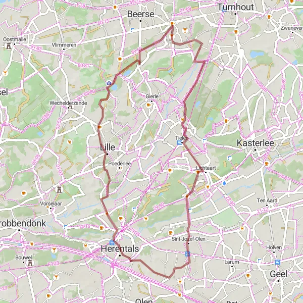 Map miniature of "Gravel Adventure in the Heart of the Kempen" cycling inspiration in Prov. Antwerpen, Belgium. Generated by Tarmacs.app cycling route planner