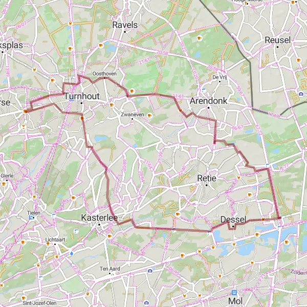 Map miniature of "Discovering Dessel" cycling inspiration in Prov. Antwerpen, Belgium. Generated by Tarmacs.app cycling route planner