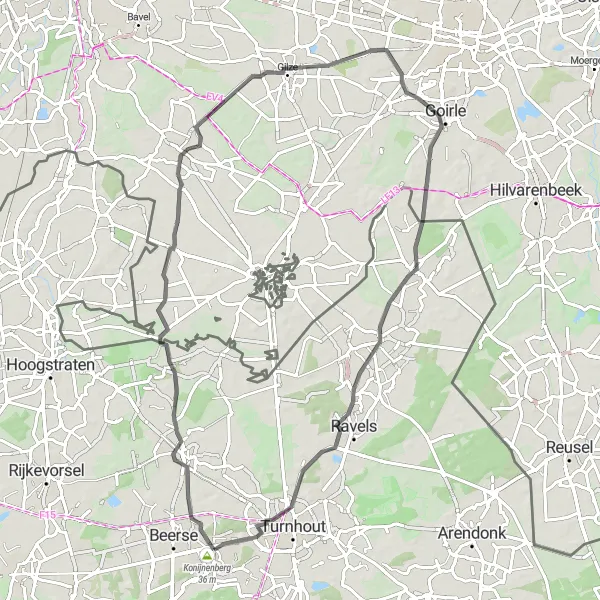 Map miniature of "Road to Merksplas and Ravels" cycling inspiration in Prov. Antwerpen, Belgium. Generated by Tarmacs.app cycling route planner