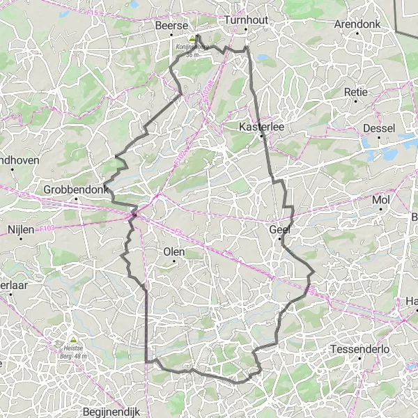 Karten-Miniaturansicht der Radinspiration "Rundweg über 93 km in Vosselaar" in Prov. Antwerpen, Belgium. Erstellt vom Tarmacs.app-Routenplaner für Radtouren