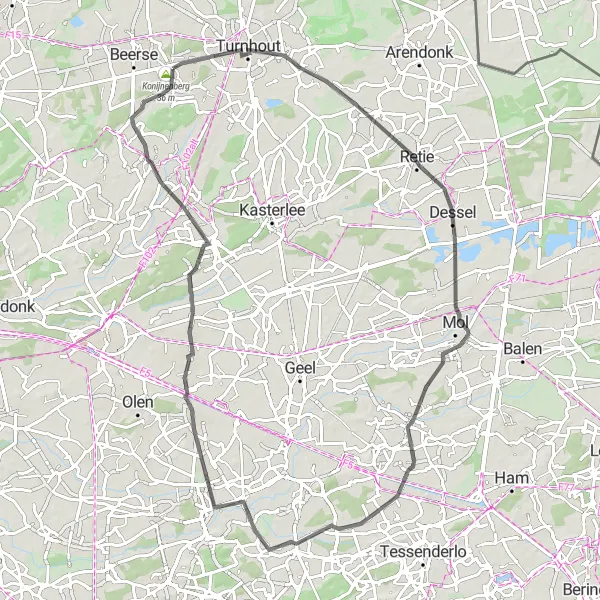 Karten-Miniaturansicht der Radinspiration "Rundfahrt von Vosselaar nach Turnhout und zurück" in Prov. Antwerpen, Belgium. Erstellt vom Tarmacs.app-Routenplaner für Radtouren