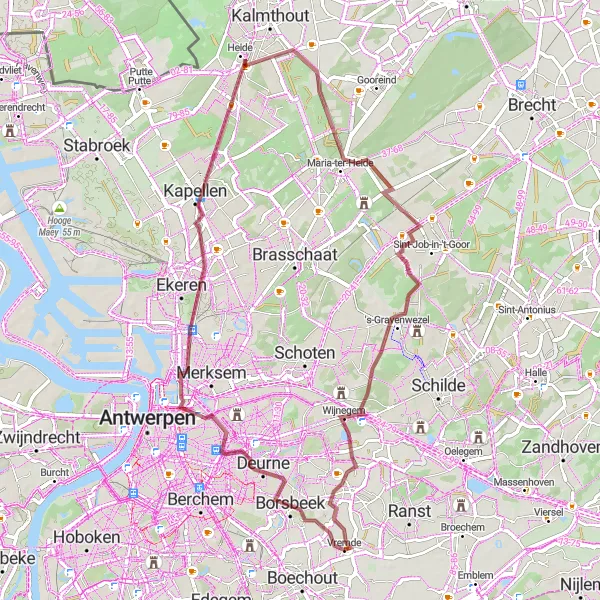 Map miniature of "Gravel Adventure around Antwerp" cycling inspiration in Prov. Antwerpen, Belgium. Generated by Tarmacs.app cycling route planner